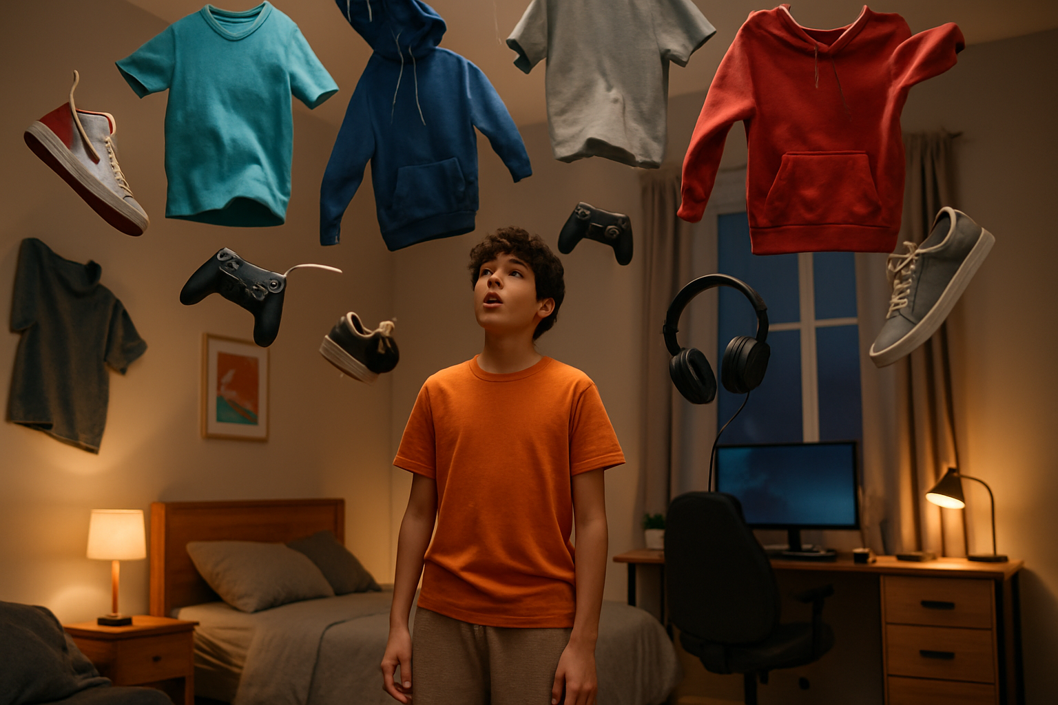 IMAGEM DE ROUPAS, TÊNIS, CONTROLE DE GAMES E ETC CHOVENDO EM UM JOVEM NO SEU QUARTO 